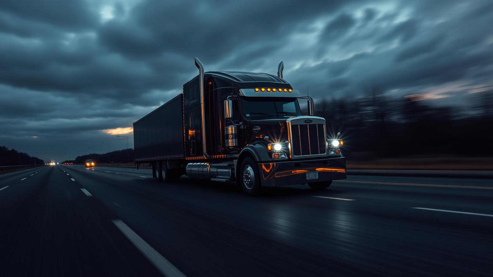 Premium American semi-truck on highway at dusk
